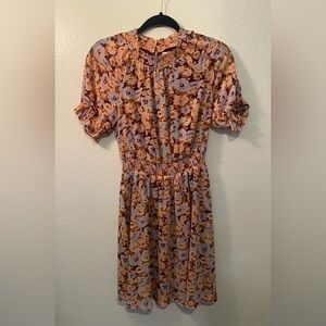 Madewell Pink and Brown Ruched Puff Sleeve Midi Dress‎